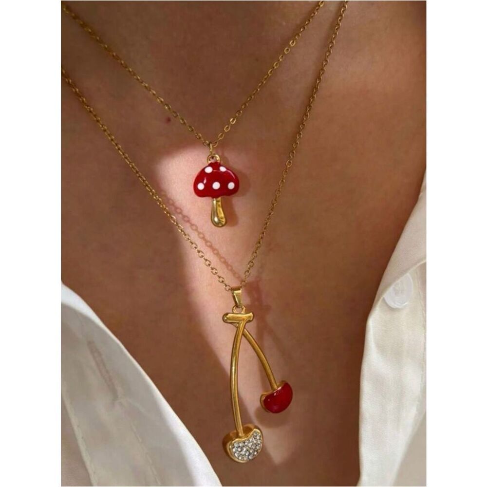 Gold Red Enamel Cherry Necklace A1844